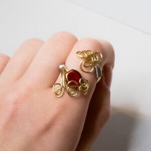 Handmade Gold Colour Wire-Wrapped Rings with Red Bead : Adjustable Ring
